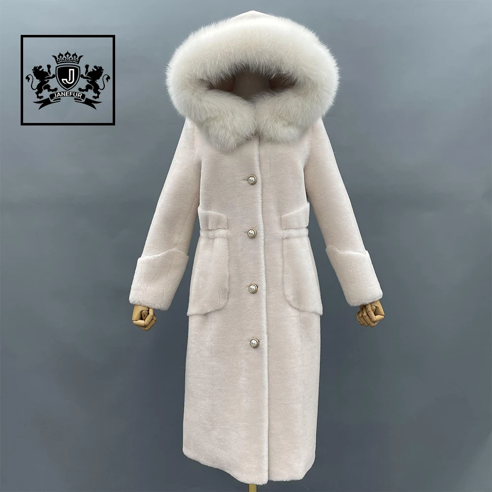 White Pearl Button Lamb Fur Coat Girls Winter Hooded Long Shearing Coat