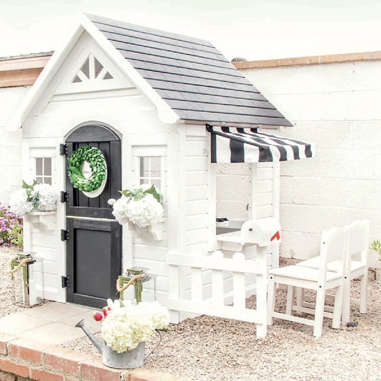 Простой игровой домик с забором, современный белый деревянный домик-кубинка и стул для забора, уличный детский деревянный игровой домик для детей