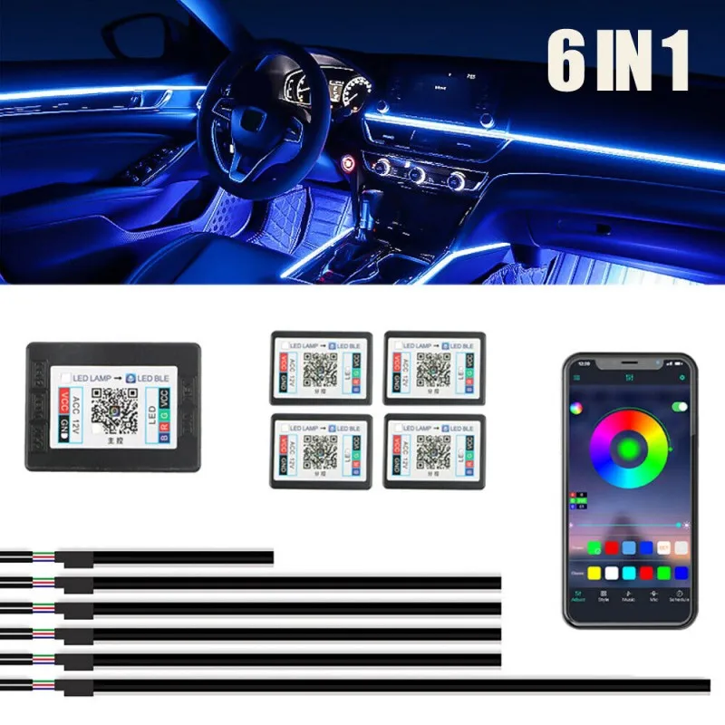 Universal 12V 6 in 1 18 in 1 64 Colors RGB LED acrylic Car strip light Atmosphere Interior Dashboard Lighting Backlight