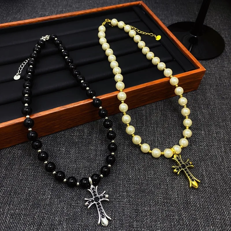 New In Black Gold Pearls Neo-Gothic Choker Retro Vintage Crossing Pendant Necklace For Women Men