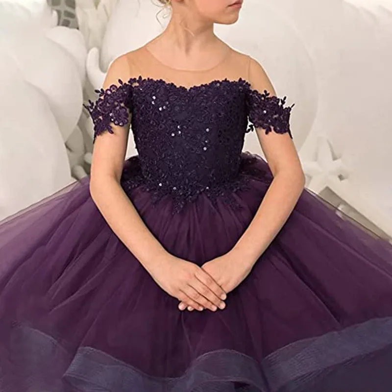 Low Moq Custom Kids Evening Party Gown Baby Girls Pageant Dresses Off Shoulder Multi Layered Flower Girl Dress With Lace