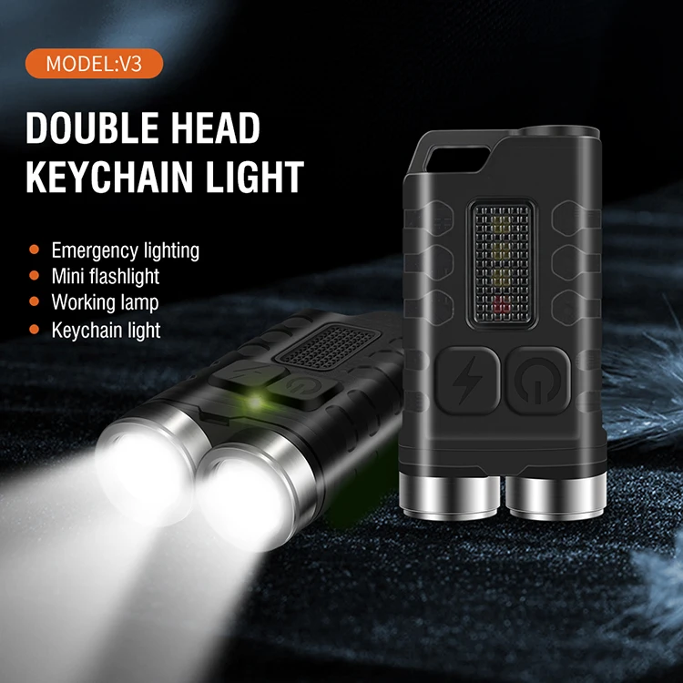 Boruit V3 Mini Led Flashlight Rechargeable Keychain Daul Head Max 900lumen Waterproof Portable Work Lamp