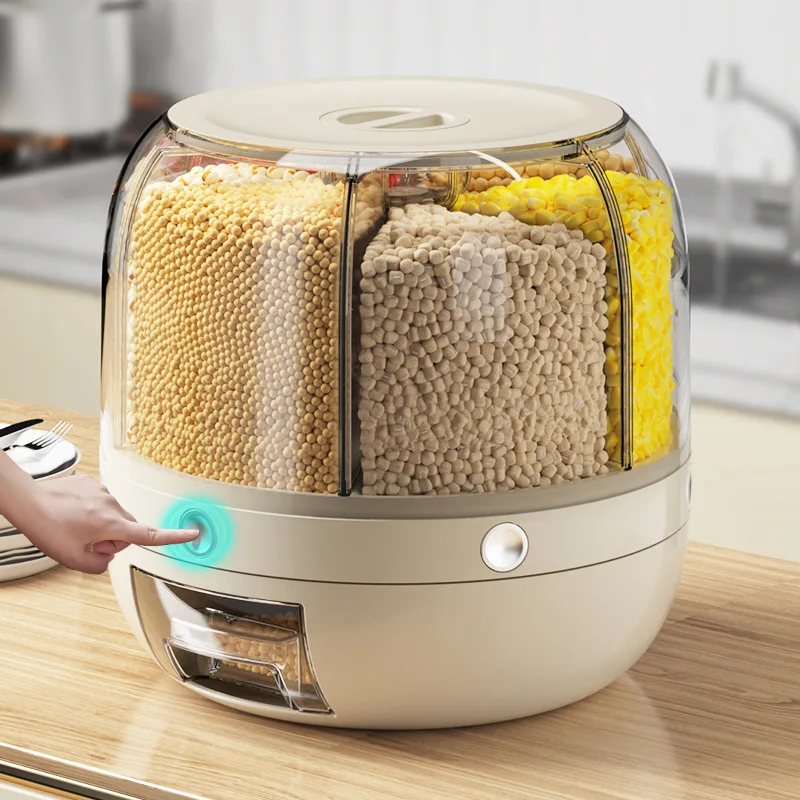 Hot Sales Rice Dispenser Kitchen Moisture-proof 6-grid Rotating Food Grain Dispenser Cereal Storage Box Rice Container Dispenser