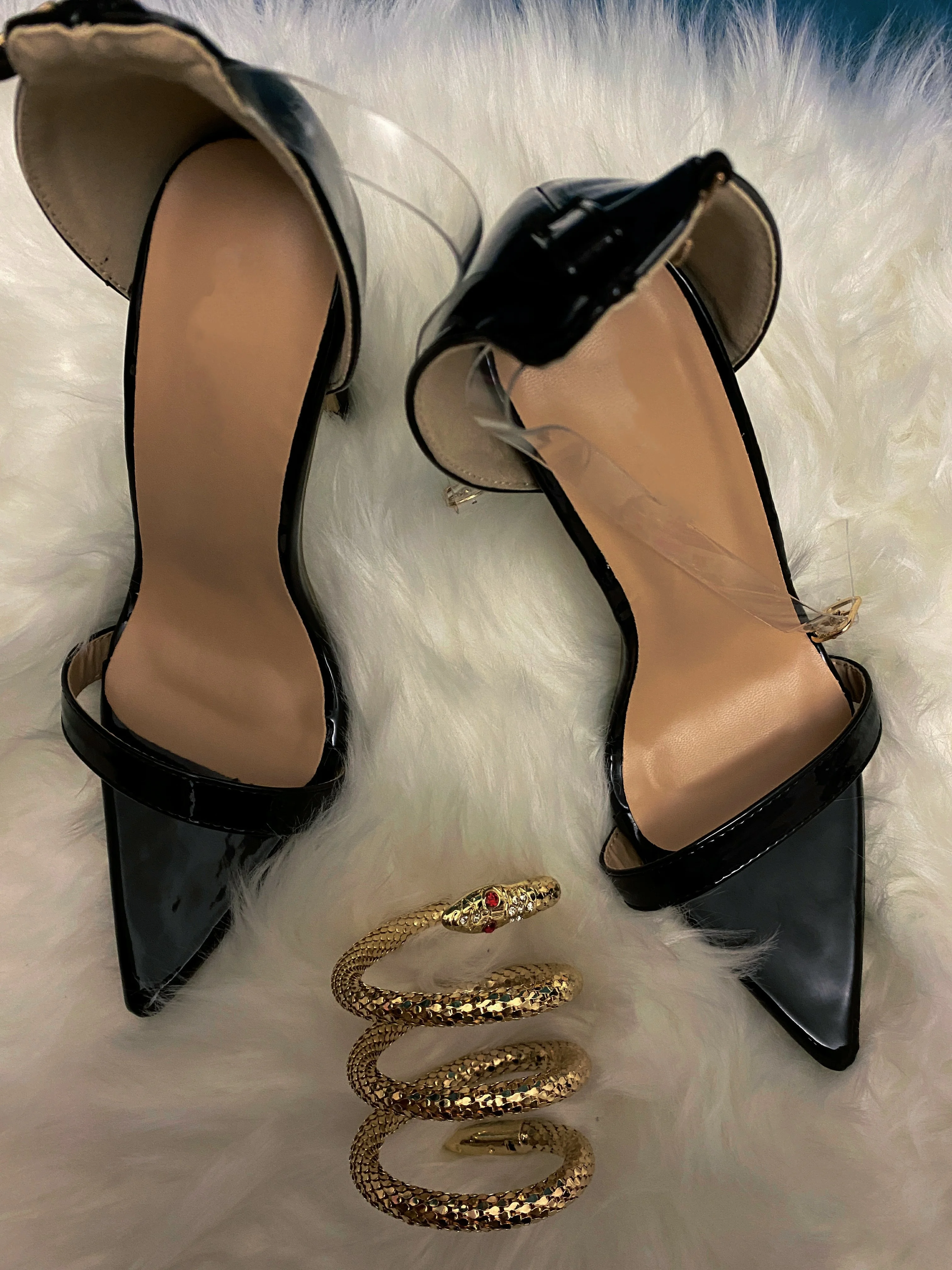 New design spiral ankle strap sandals snake head stylish shiny fashionable women sandals court stiletto pointed toe women shoes