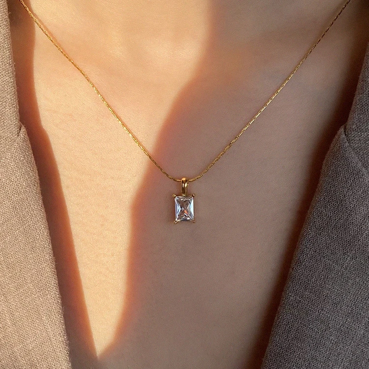 Landy jewelry pendant single white square zircon necklace stainless steel chains necklaces for women
