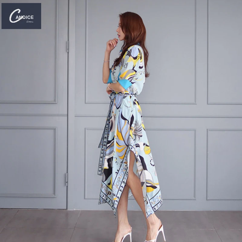 Candice 2023 spring temperament color matching shirt collar waist tie print irregular hem dress korean style