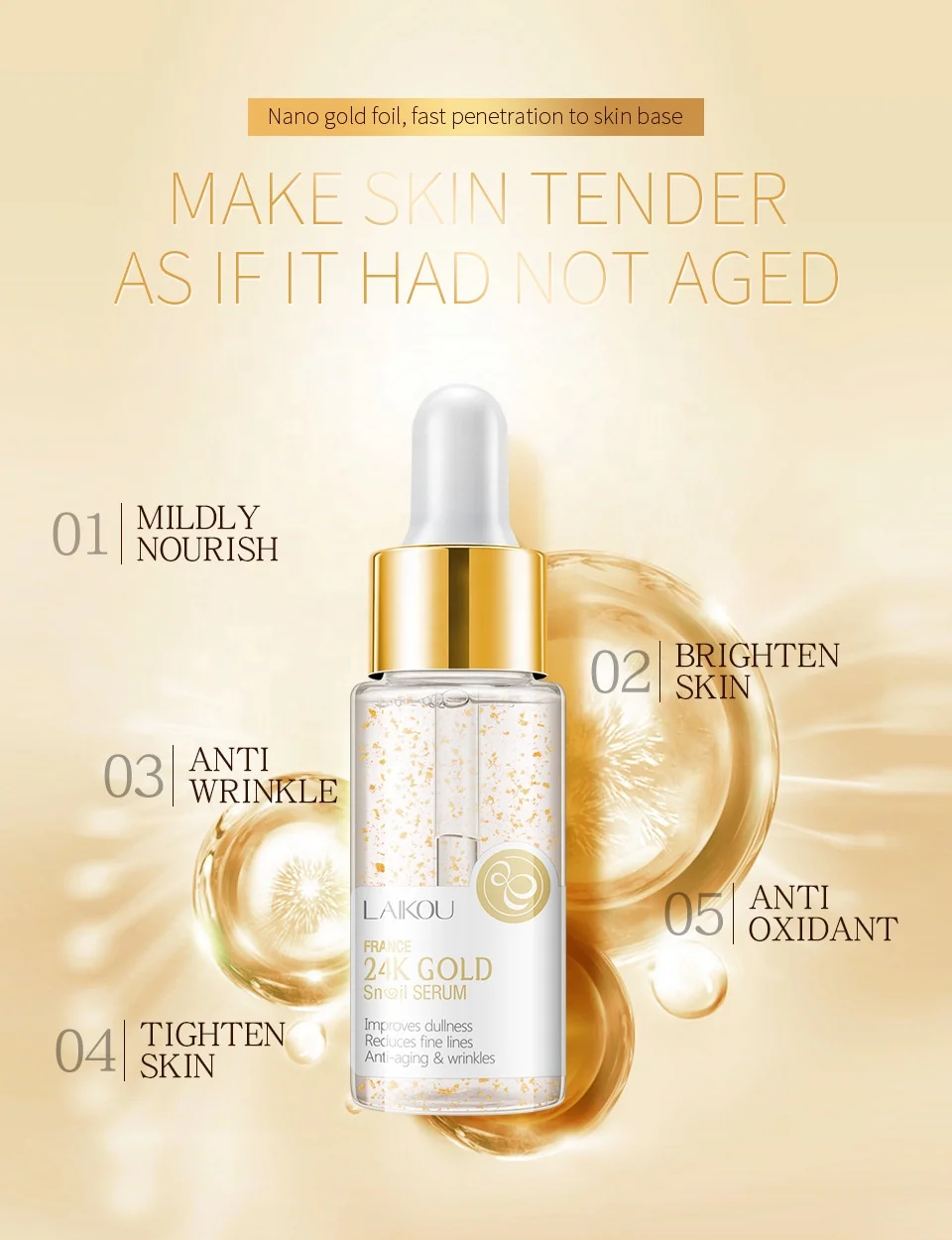 Private label LAIKOU Serum Series Hyaluronic Acid 24K Snail Sakura Vitamin C Gold whitening Face Serum