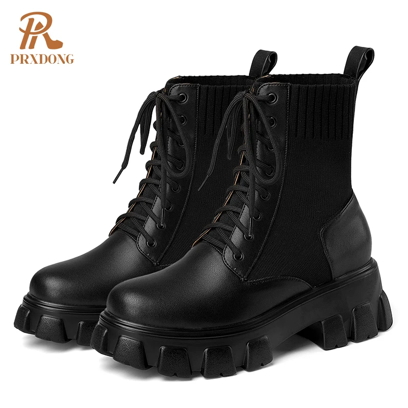 2021 Winter Sock Boots Lace Up Knitting Shoes Platform Women Ankle Boots Thick High Heels Cross-Tied Casual Concise Party Shoes