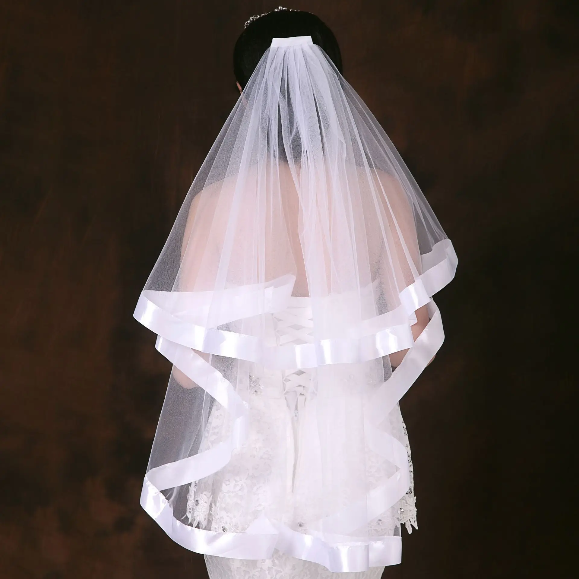 Bride hair accessories new design wedding ribbon veil Simple cathedral bridal veil
