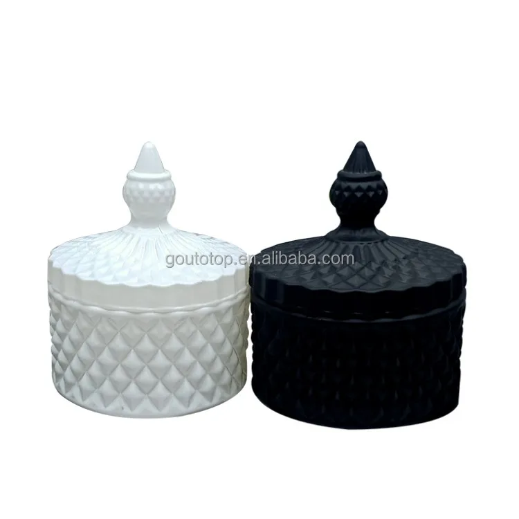 wholesale luxury 4oz mini crystal candy jar vessels unique matte black embossed empty glass candle jars for candle making