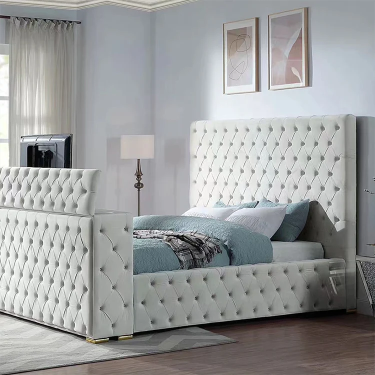 Modern Bedroom Furniture Luxury Smart Bed With Fireplace And Tv Mounting In Footboard And Tv Stand