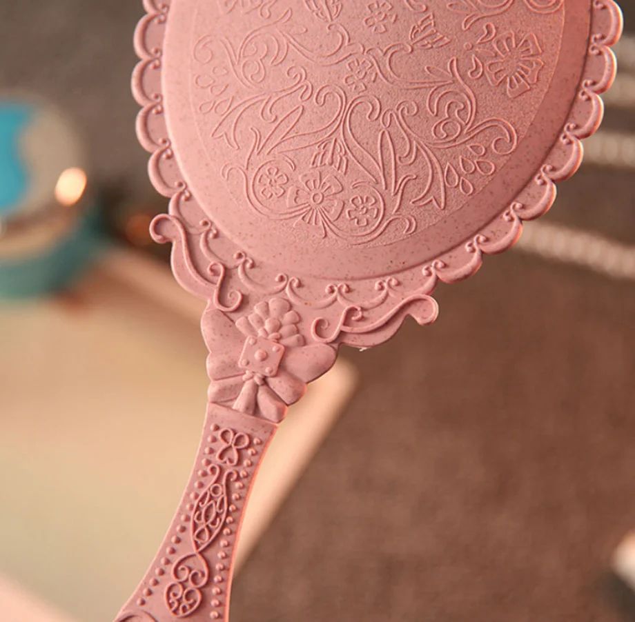 Romantic Retro Lace Pattern edge Handle Mirror Handheld Makeup Portable Small Round Mirror ABSFrame handle Vanity Bronzed mirror