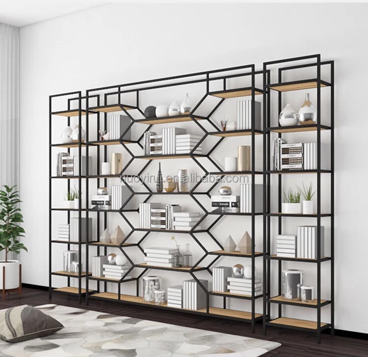 Nordic Tall Bookshelf  Library Bookshelves Home Wooden Modern Rotating Stainless Steel Bookcases