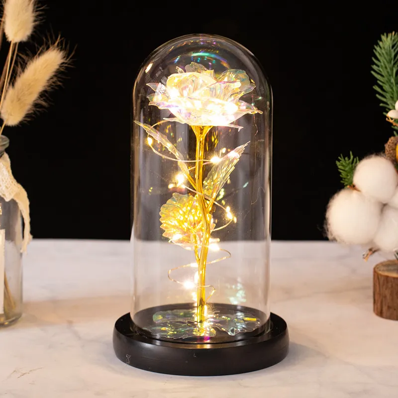 2022 New Mother Day Gift LED Light String Colorful 24k Gold Foil Rose Flowers Galaxy Rose In Glass Dome