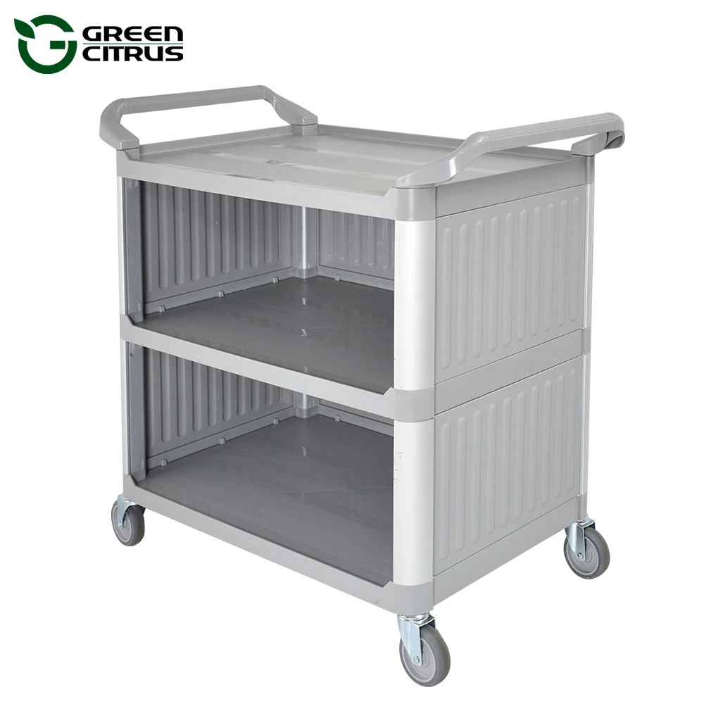 3 Tiers Hospital Cleaning Service Cart with rubbish bin Factory Price school dining room Plastic Food Trolley Cart Wholesale