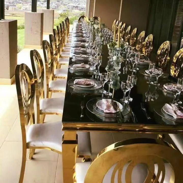 wholesale luxury hotel restaurant table and chairs stainless steel metal furniture sets