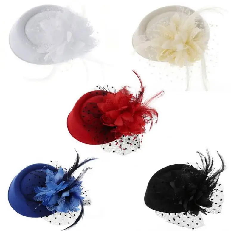 
Wholesale Vintage Woolen Hat Pearl Feather Flower Hair Clip Black Dot Large Mesh Headdress Veil High Quality 