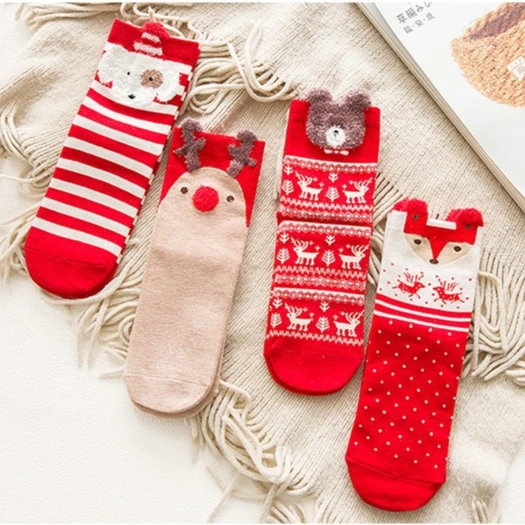 
Autumn and winter colored cotton red socks three-dimensional cartoon Christmas socks cute Japanese elk ladies medium tube socks 