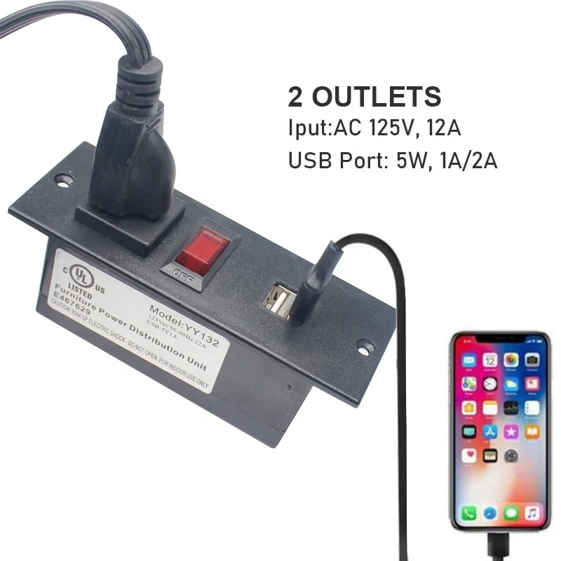 Hot sell Hotel wall mounted 2 USB power socket and 2 AC outlet socket with circuit breaker switch power strip