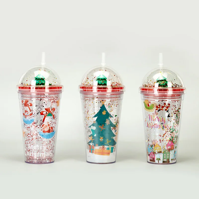 BPA Free 450ML double walled tumbler with straw Christmas Gift Cup Spot Creative Flash Pink Summer Ice Plastic Straw Cup