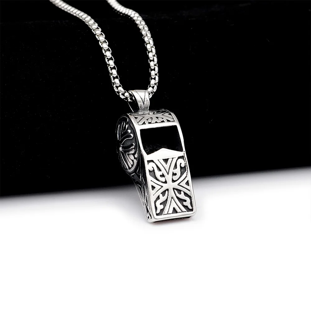 Supertextural Exquisitely Carved Masculinity Pendant With Box Chain Non Tarnish Silver Stainless Steel Whistle Men Necklace