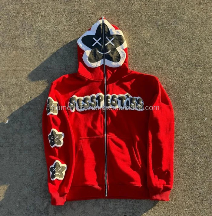 Cloth manufacture custom unisex loose heavyweight french terry plus size cropped full face zip up puff print hoodie men