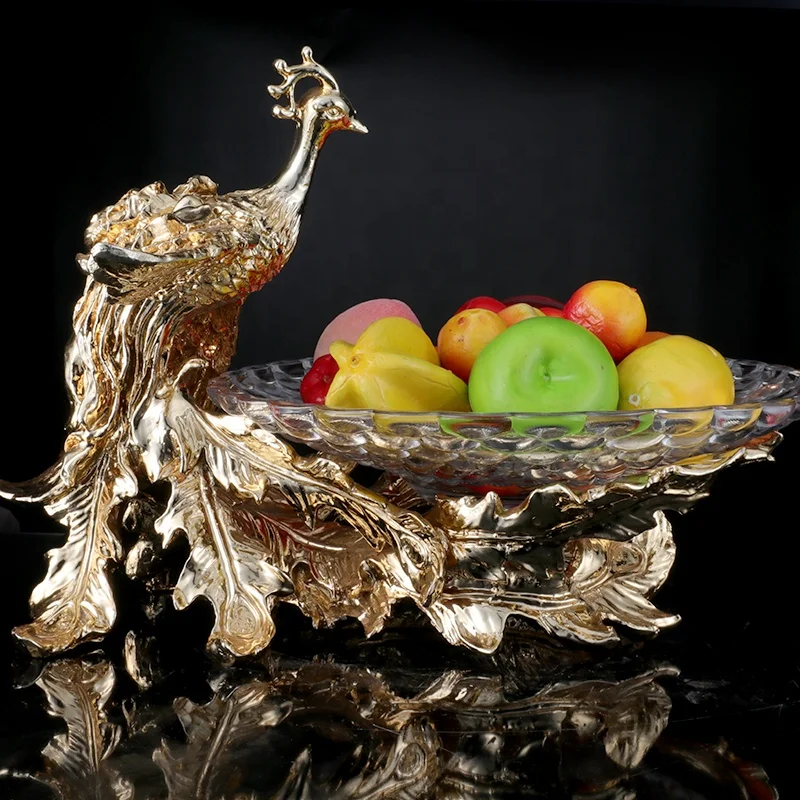 Home Decoration Duxury Pieces Peacock Figurine Resin Fruit Dish And Plate