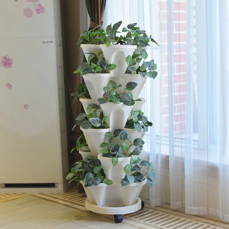 5 Tier Vertical Garden Planter Smart Planting Tray for Home with Movable Wheels Stackable Pot for Vegetables Flowers Plastic