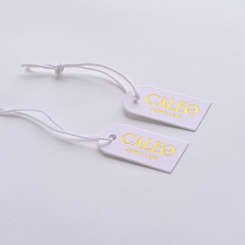 custom Gold foil logo white eco friendly mini swing ticket recyclable texture natural cotton paper letterpress hang tag