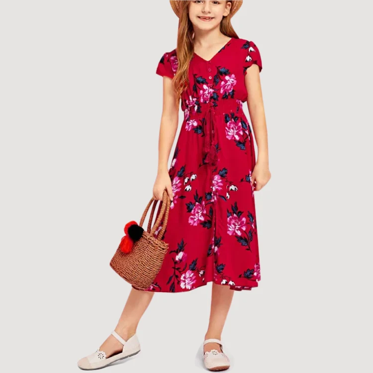 
Custom New Fashion Girls Tassel Tied Button Up Dress Kids Clothing Girl Dress 