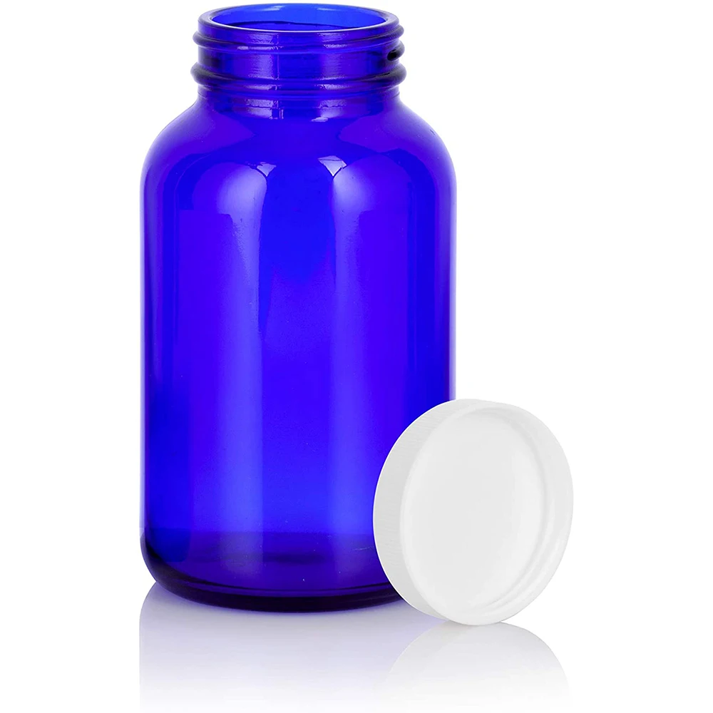 Кобальтовая синяя стеклянная бутылка 8 унций с белой ребристой крышкой 60 мл 120 250 500 широким горлом капсула таблетка для таблеток