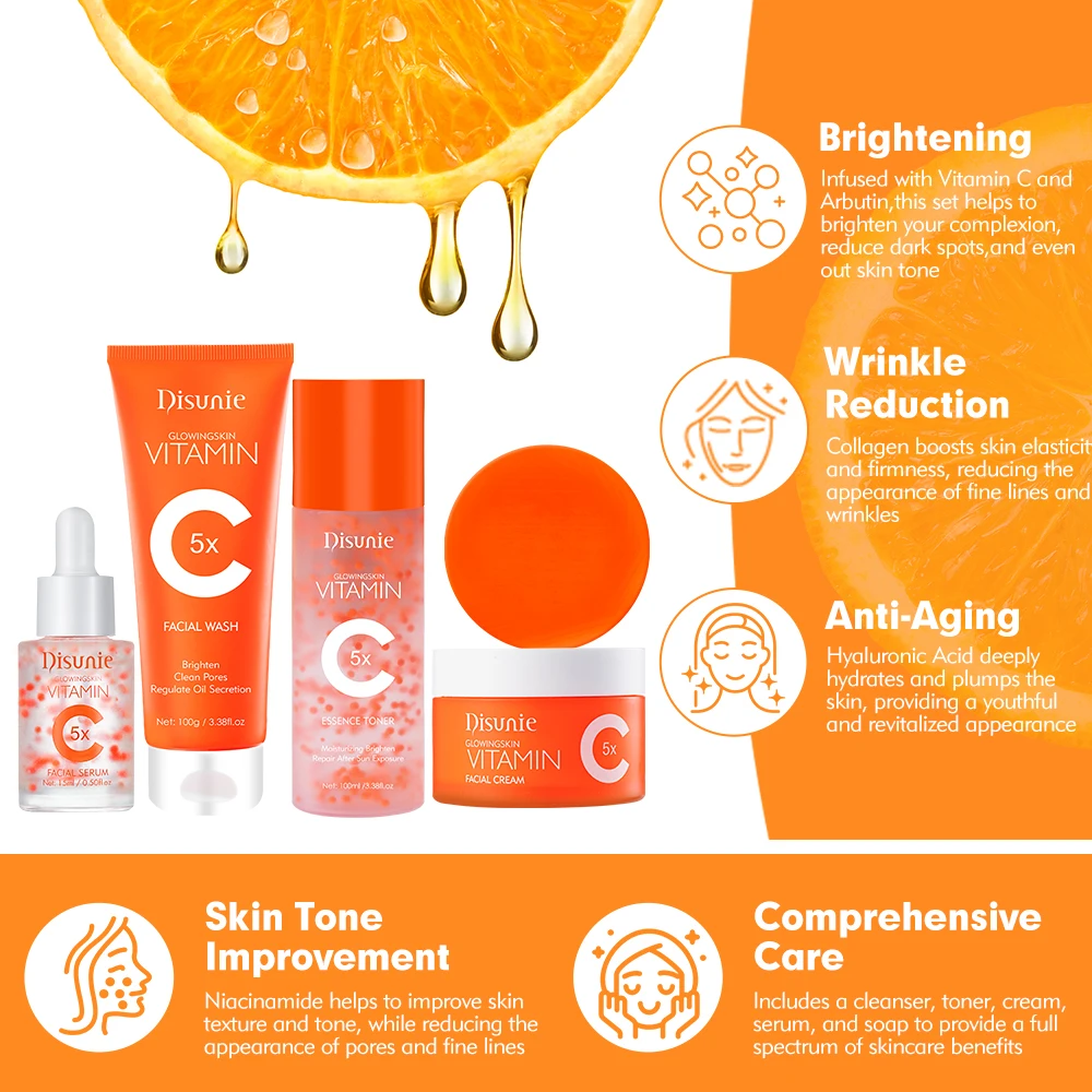 5 Pieces Vitamin C Brightening Skin Care Set With Collagen Anti Aging Anti-wrinkle Whitening Facial Skin Care Products Set