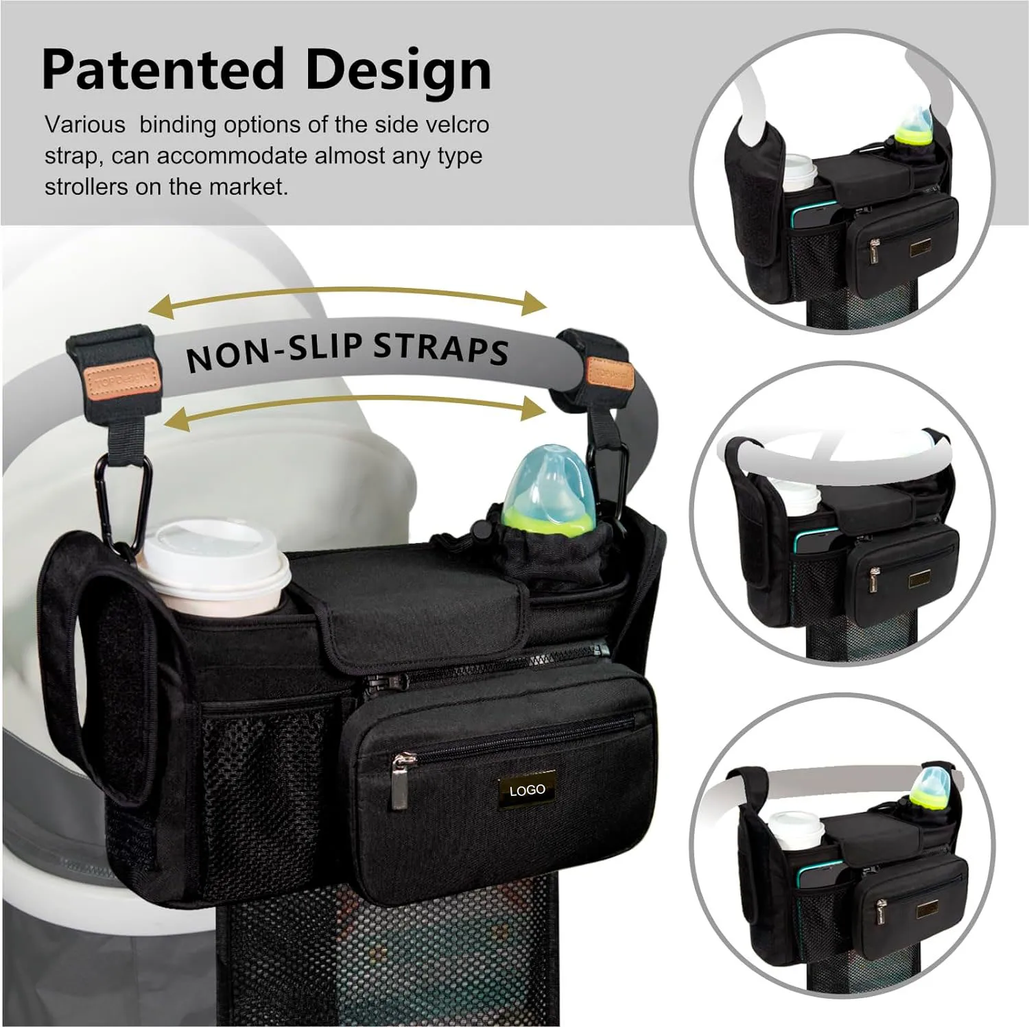 Universal Stroller Organizer with Cup Holder Detachable Phone Bag and Shoulder Strap, Stroller Caddy Fits for Stroller