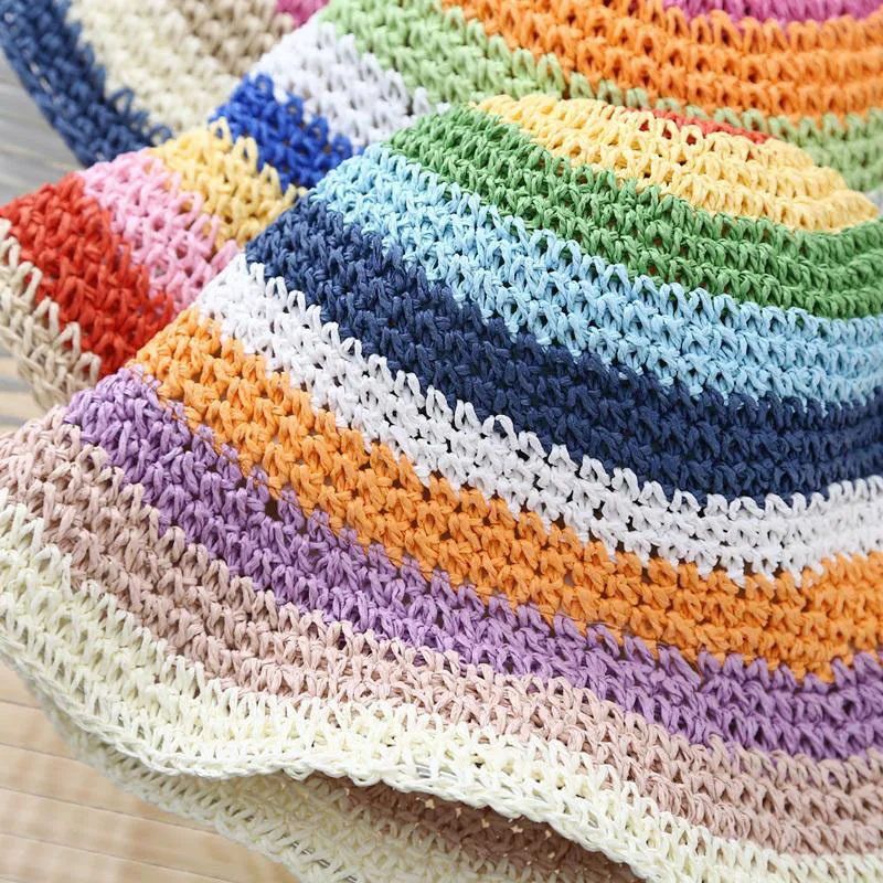 Handmade Beach Stripes Cap Crushable Foldable Rainbow Floppy Straw Bucket Hats For Women