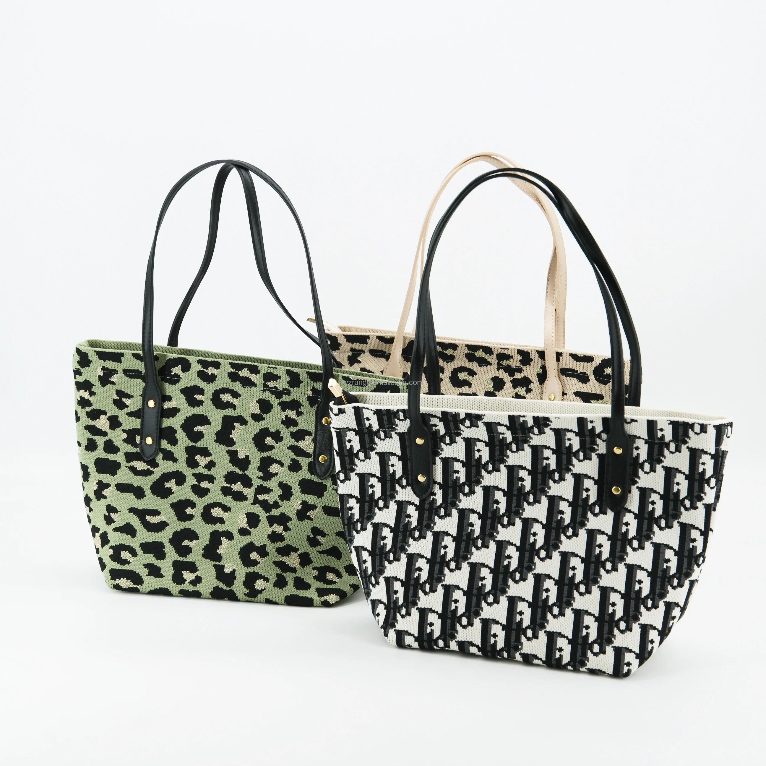 Красочная вязаная сумка-тоут с кожаной ручкой