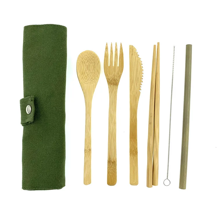
6 Piece Travel Set Reusable Bamboo wooden Cutlery In cloth bag Case 