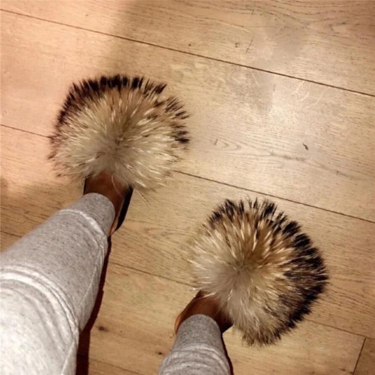 New Design Sexy Ladies Fluffy Real Raccoon Racoon Fur Shoes Sliders Sandal Slippers Slides With Big Furry Fluffy Hair