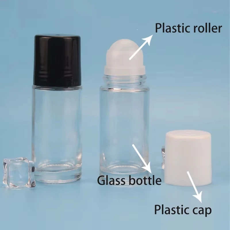 Wholesale empty 30ml 50ml 1oz clear essential oil plastic roller bottle deodorant glass roll on bottle with white black cap