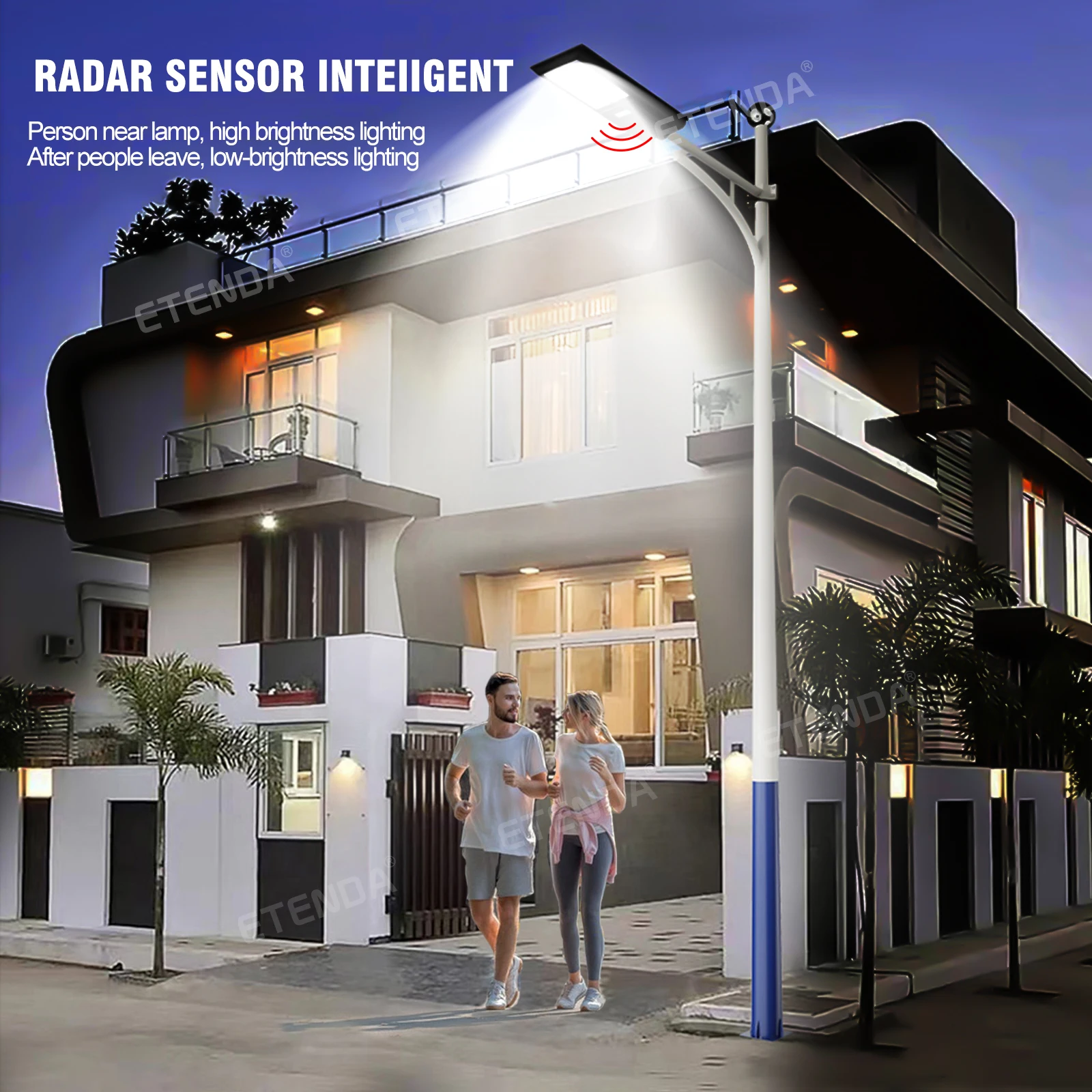 New Outdoor Waterproof Ip67 ABS Working for more than 12H All In One Radar Sensor Solar Panel Street Light With Remote Control