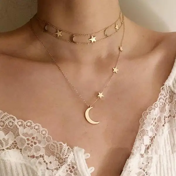 Simple 316L Stainless Steel 18K Gold Moon Star Pendant Necklace Multi Layers Chain Moon Star Choker Necklace Jewelry