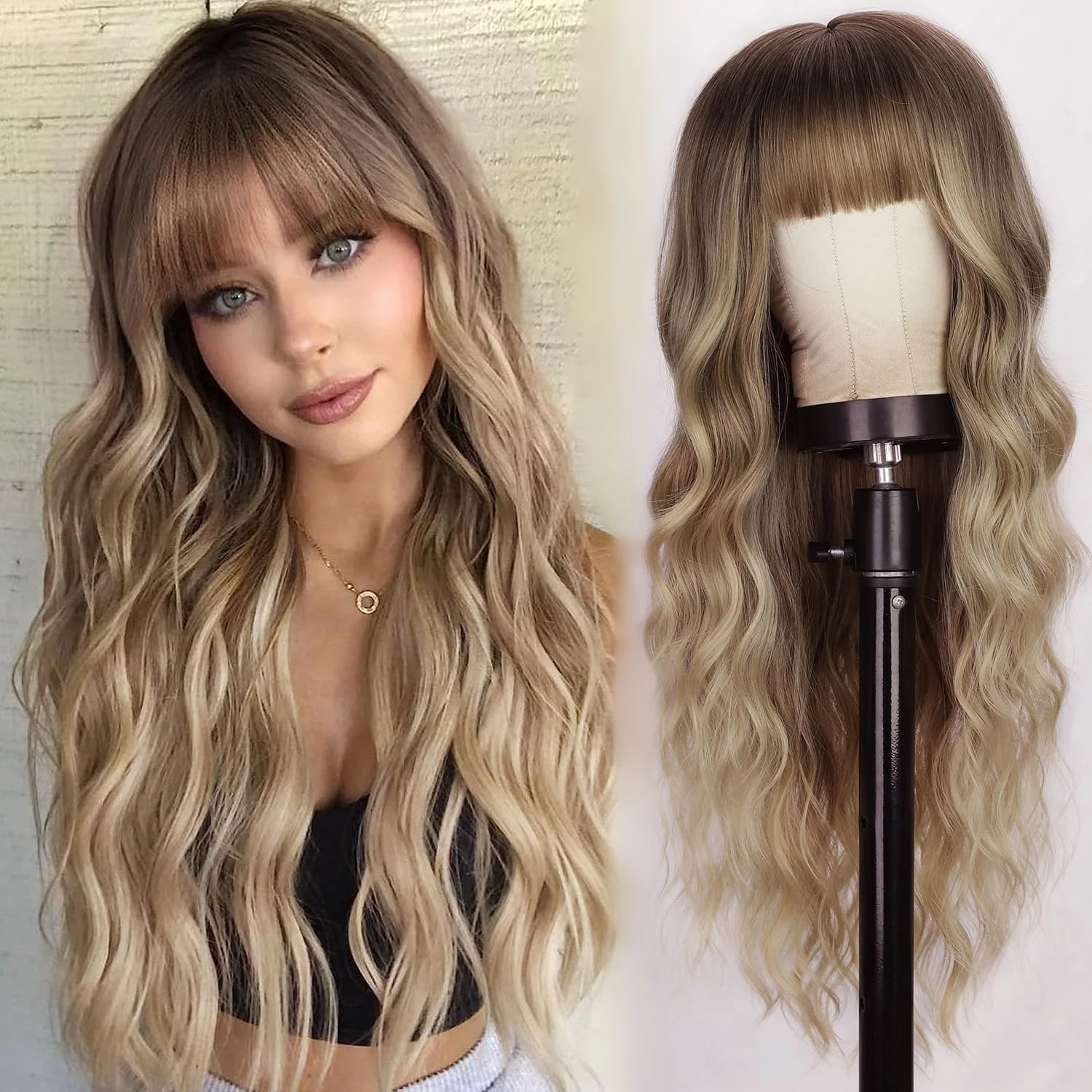 Wholesale Brown Wig with Bangs Medium Length Synthetic Layered Heat Resistant Wigs for Women Cosplay Daily Use synthetic wig