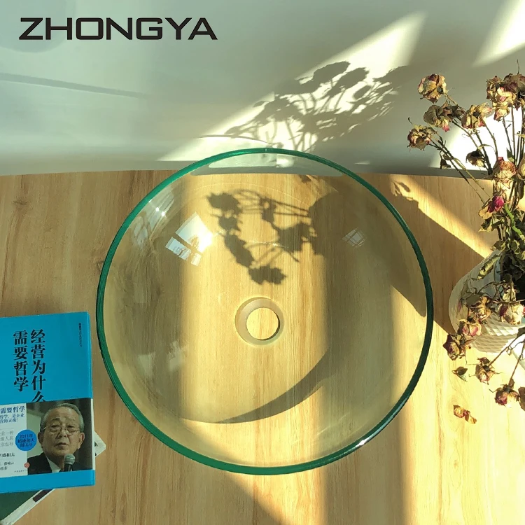 ZHONGYA Modern Glass Vessel Sink Above Counter Bathroom Vanity Round Glass Washing Basin