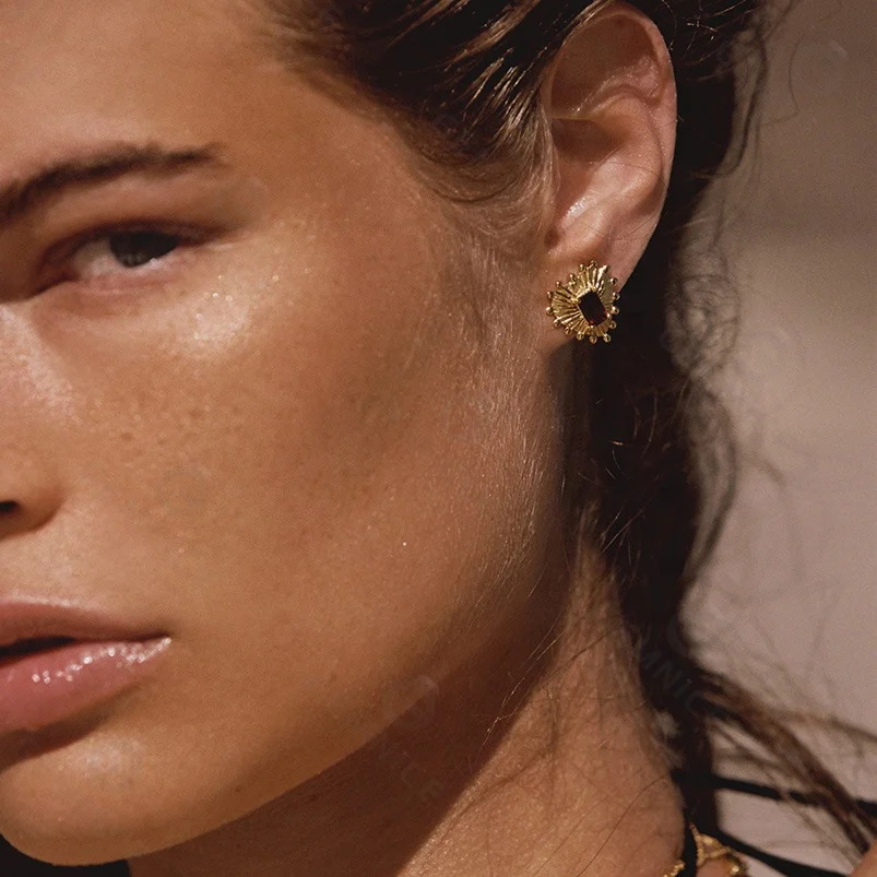 Gemnel high quality sunburst studs rectangular garnet stones classic 14k gold heart 925 sterling silver earring