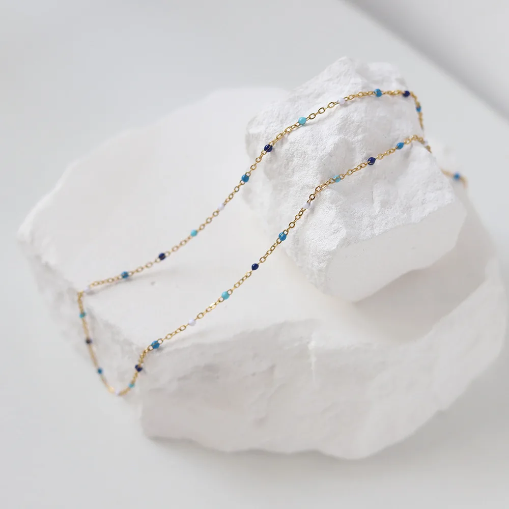 Dainty 18k Gold Plated Waterproof Beaded Necklace Colorful Bean Enamel Stainless Steel Choker for Women