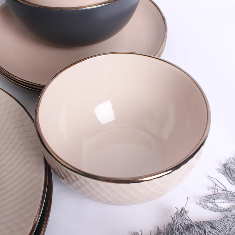 High Quality Luxury Gold Rim White Porcelain Ceramic Kitchen Utensil Plate Dish Bowl Dinner Dinnerware Set