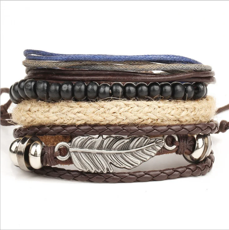Men Woven Hemp Rope Leather Hand Chain Set Beads products Bracelet eye bracelet mens accessories pulseras para hombre