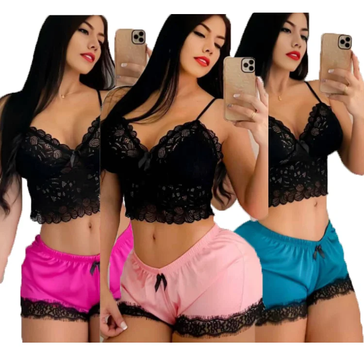 B0112 2022 High Quality 2 Pieces Set Sleepwear Plus Size Women Silk Satin Sexy Lace Pajama Shorts