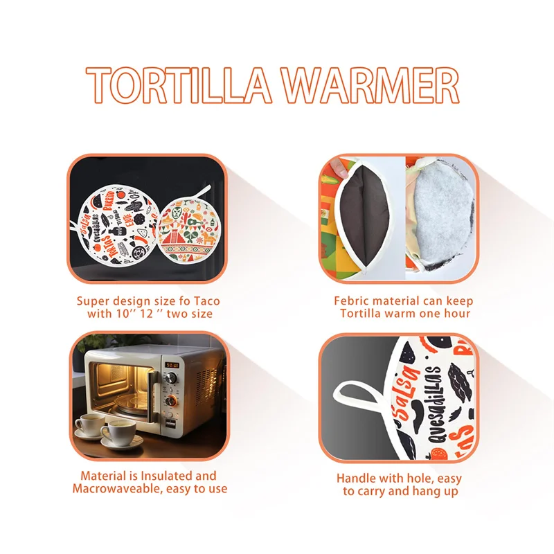 Tortilla Warmer 10' 12' two size insulated Microwavable Fabric Corn Tortilla Holder Warmer Pouch Cooler Tortilla Keeper Holder