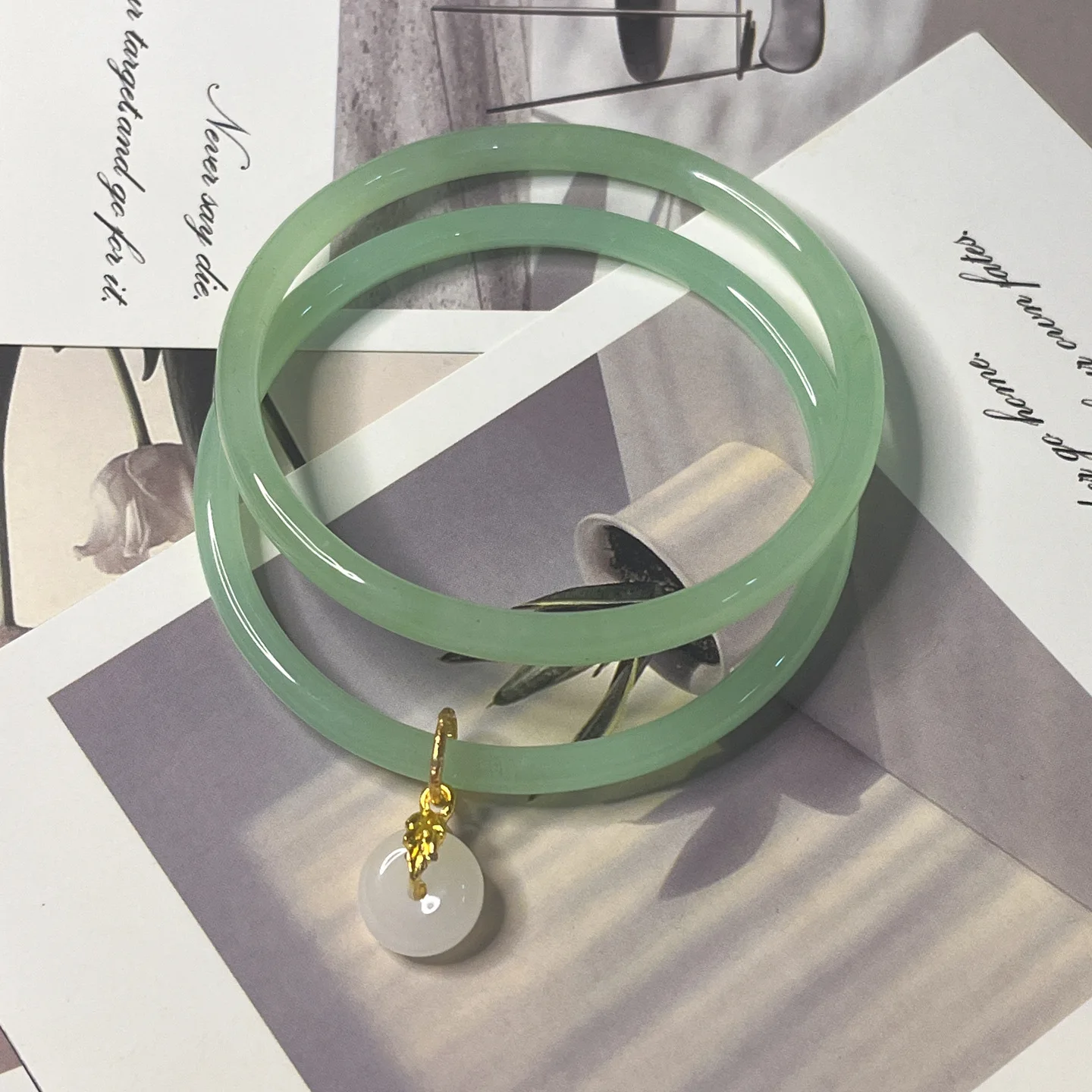 Chinese Style Gradient Color Imitation jade Bangle Simple Design Ruyi Charm Cuff Bracelet chalcedony Glaze bracelet for Women