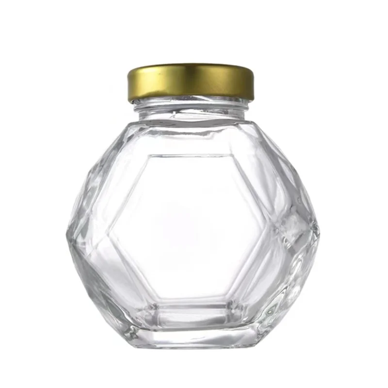 High quality 100ML 180ML 220ML 280ML 380ML Hexagon Glass Honey Storage Bottle Jar With Wooden Stick and black metal lid